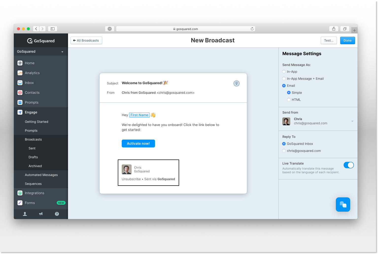 Sending Email from Inbox GoSquared